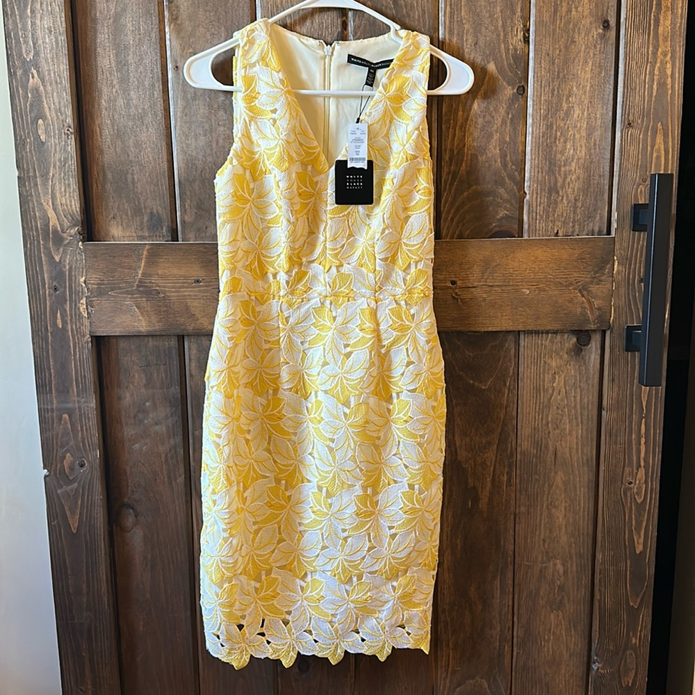 🆕 White House Black Market Yellow Lace Sheath Dress